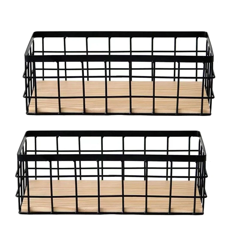 

New-2Pack Metal Storage Basket With Wood Base,Decorative Baskets For Home Storage,Wire Basket For Organizing Small Tableware