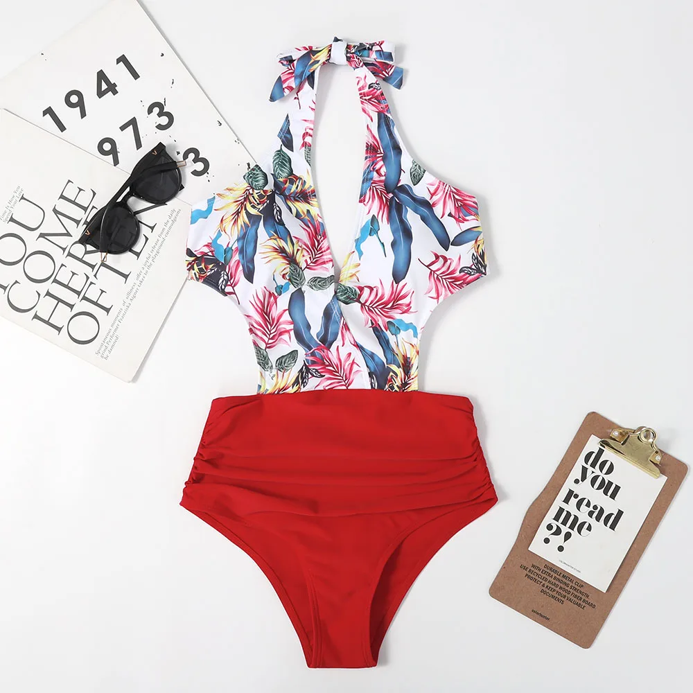 

Monokini 2021 Backless Swimwear Women One Piece Swimsuit Female Printed Bathing Suit Padded Beachwear Swimming Suit Summer