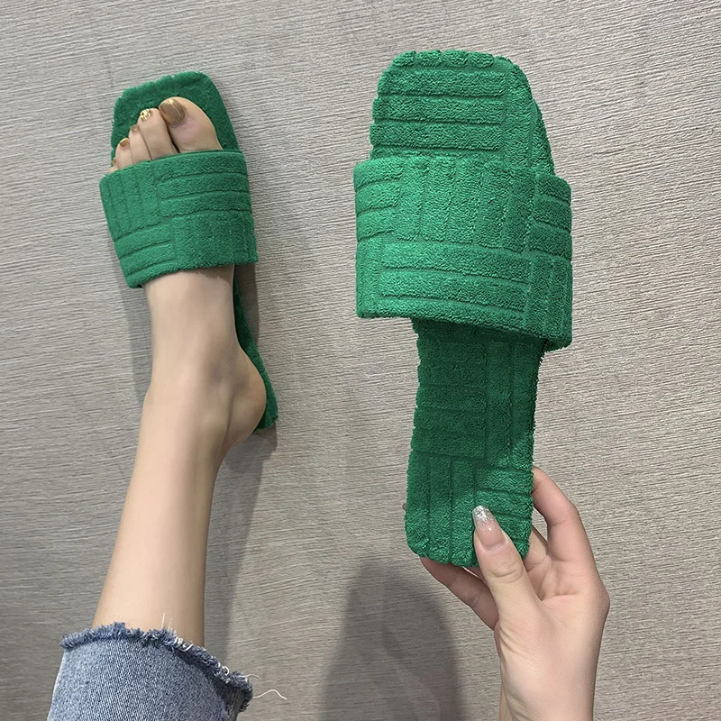 Autumn Winter 2022 European And American New Flat Outer Wear Square Tips Indoor Fashion Simple Pure Color Cotton Slippers
