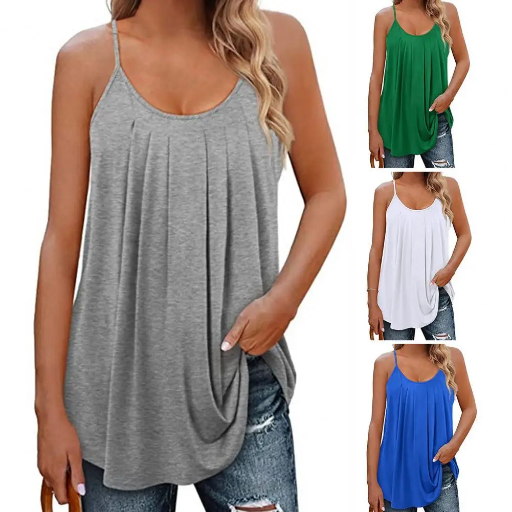 

Women Vest Tops Pleated Hem O-Neck Sleeveless Women Vest Lady Casual Solid Color Loose Sling Top Streetwear Sexy Female Clothing