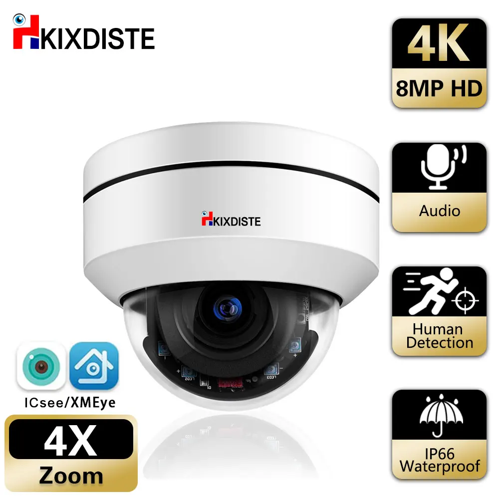 

Наружная IP-видеокамера 8 Мп, POE Dome 4K ICsee XMEYE 4X PTZ Zoom, защита безопасности с односторонним аудио IP66 IR 50 м для 4K NVR
