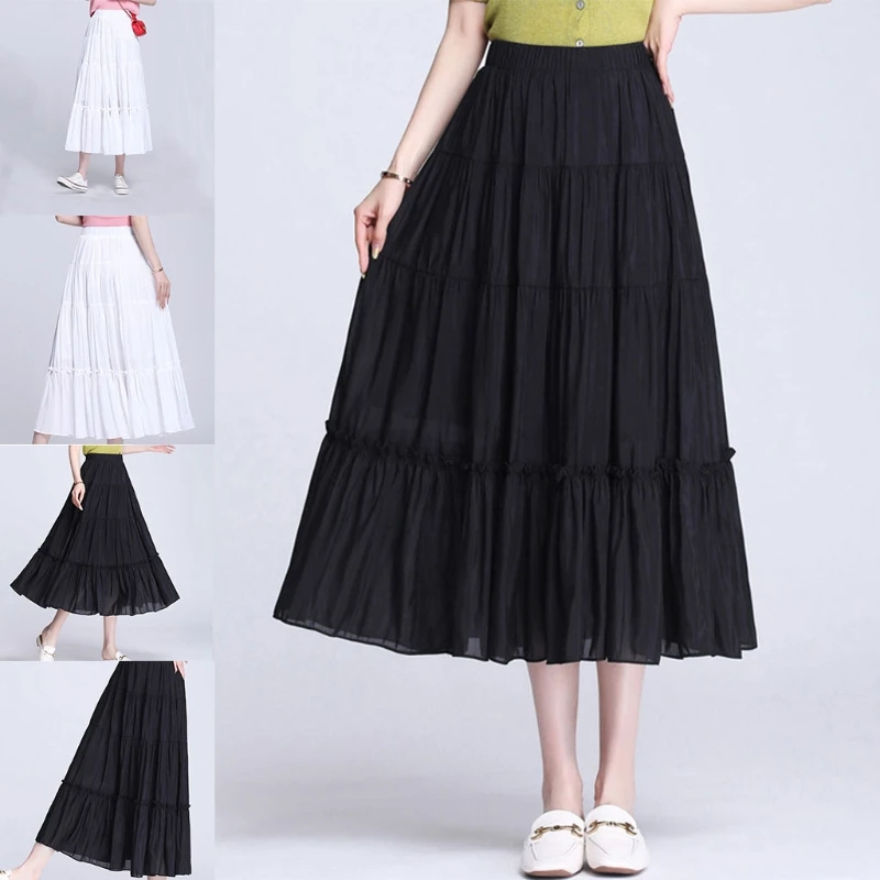 

Women Summer Elegant Elastic High Waist A-Line Maxi Long Skirt Black White Tiered Pleated Flared Hem Loose Swing Flowy 10CD