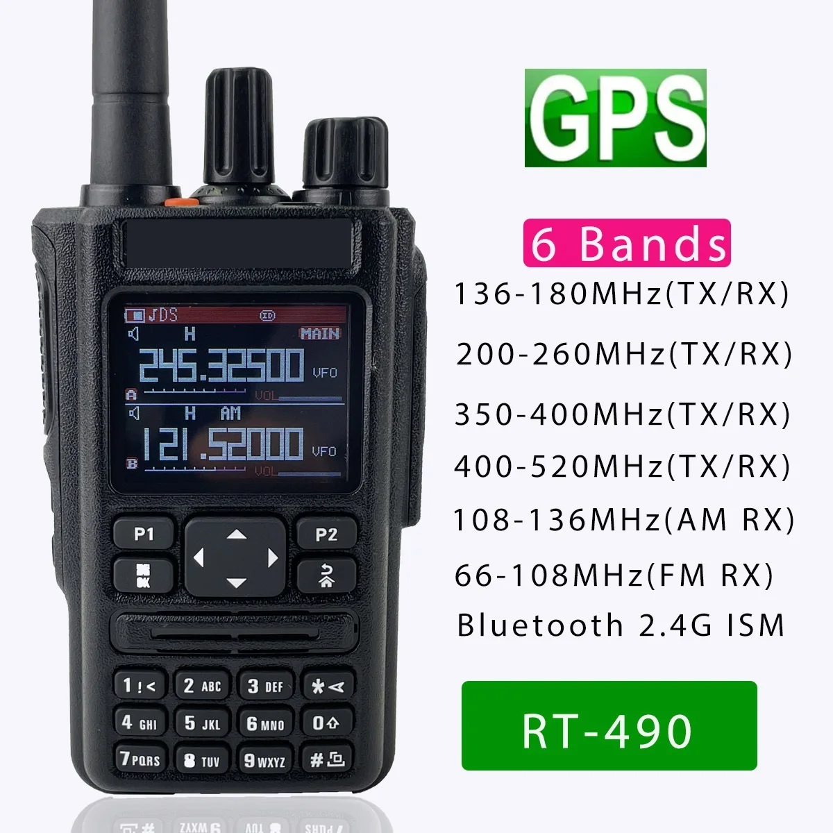 

RT-490 GPS 6 Bands Amateur Ham Two Way Radio 256CH Air Band Walkie Talkie VOX DTMF SOS LCD Color Police Scanner Aviation