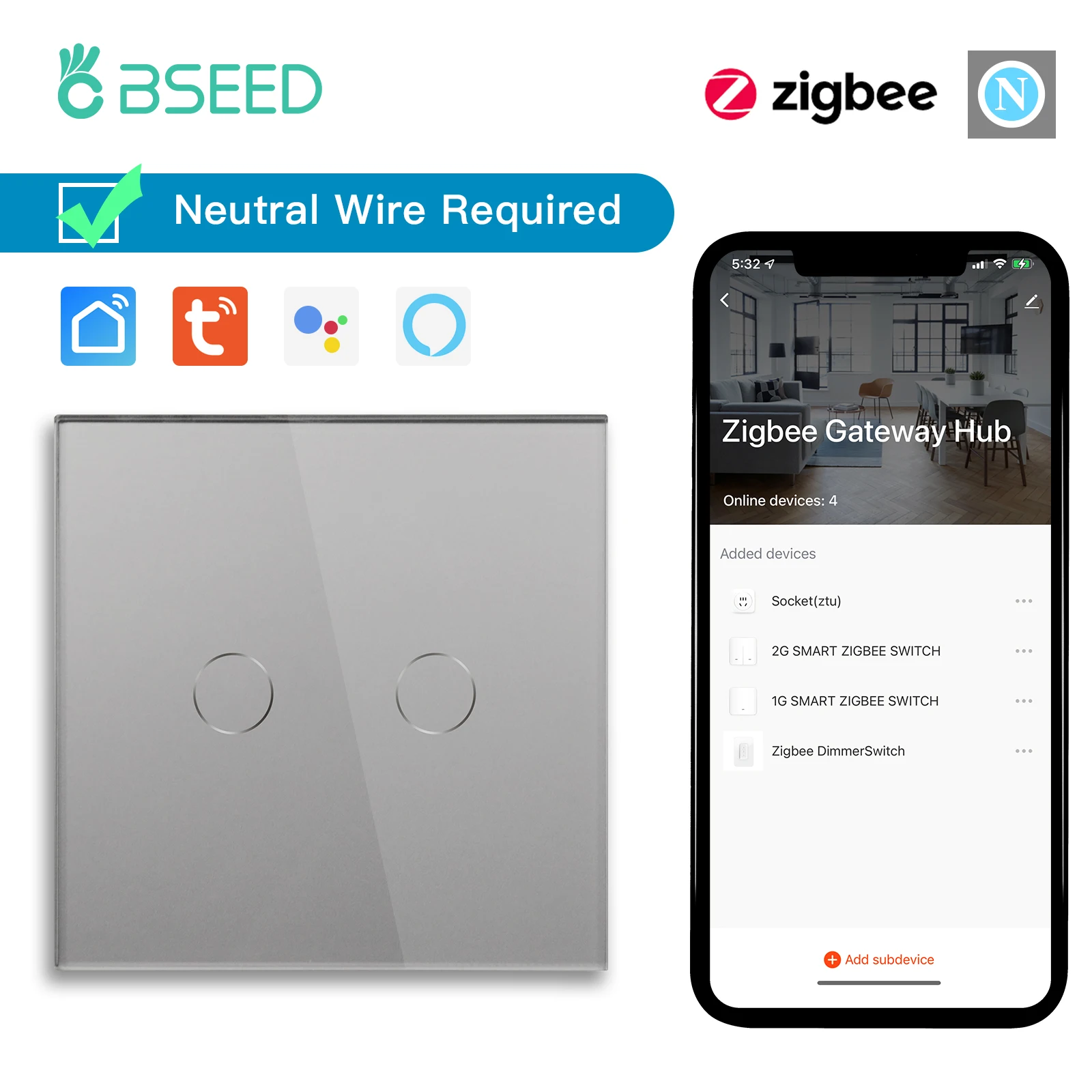 

Умный сенсорный выключатель BSEED Zigbee 1/2/3 клавиш