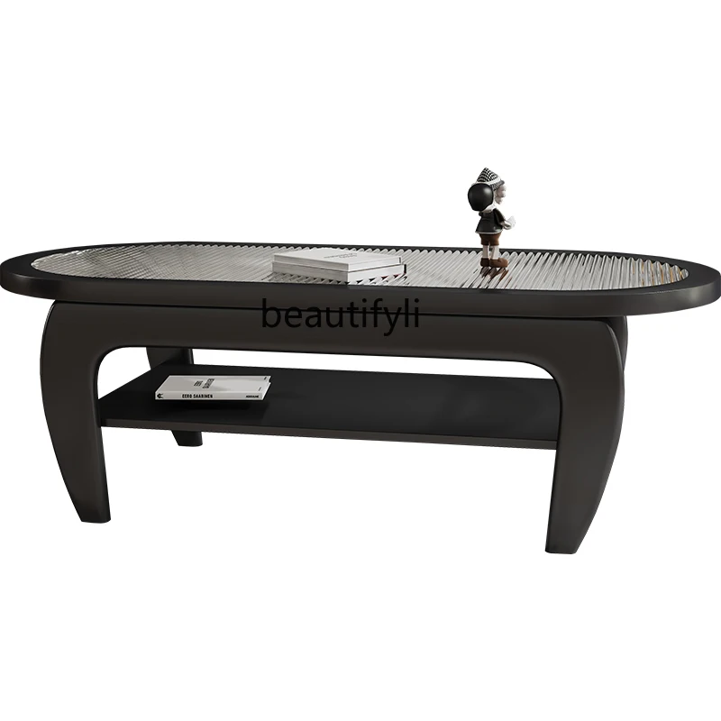 

zqNordic Light Luxury Solid Wood Coffee Table TV Cabinet Living Room Combination Minimalist Changhong Glass Black Retro