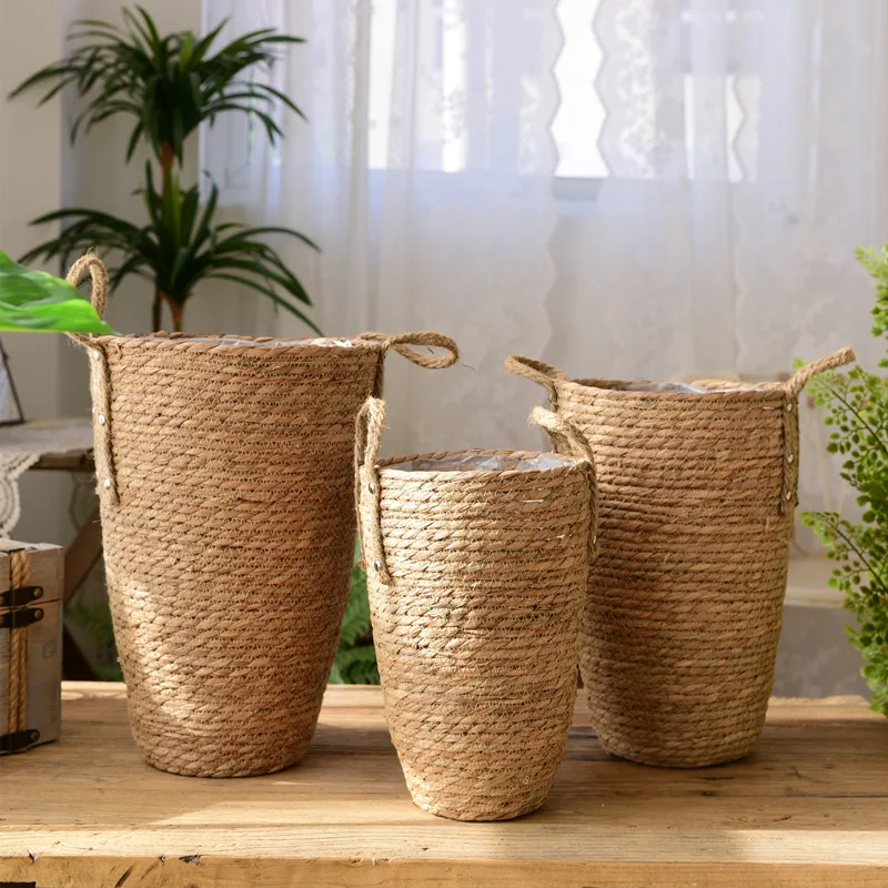 

Storage Basket Handmade Straw Straw Flowerpot Seagrass Woven Basket Planter Laundry Decorative Basket Plant Rattan Creative