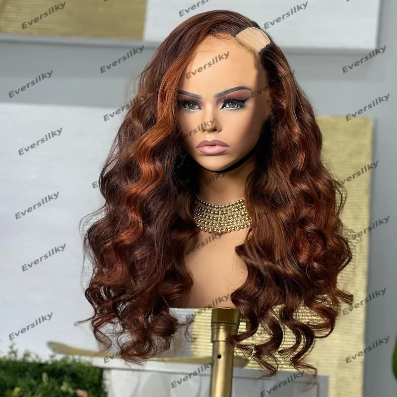 200Density 1x4 Opening U Part Human Hair Wigs Easy Wear Glueless Long Loose Deep Wave Copper Brown U Part Wigs for Black Women