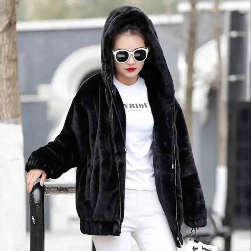 Plush Thickening Faux Rabbit Fur Hooded Jacket Women 2023 Winter New jackets Loose Long Sleeves Outerwear Fashion Female Coat