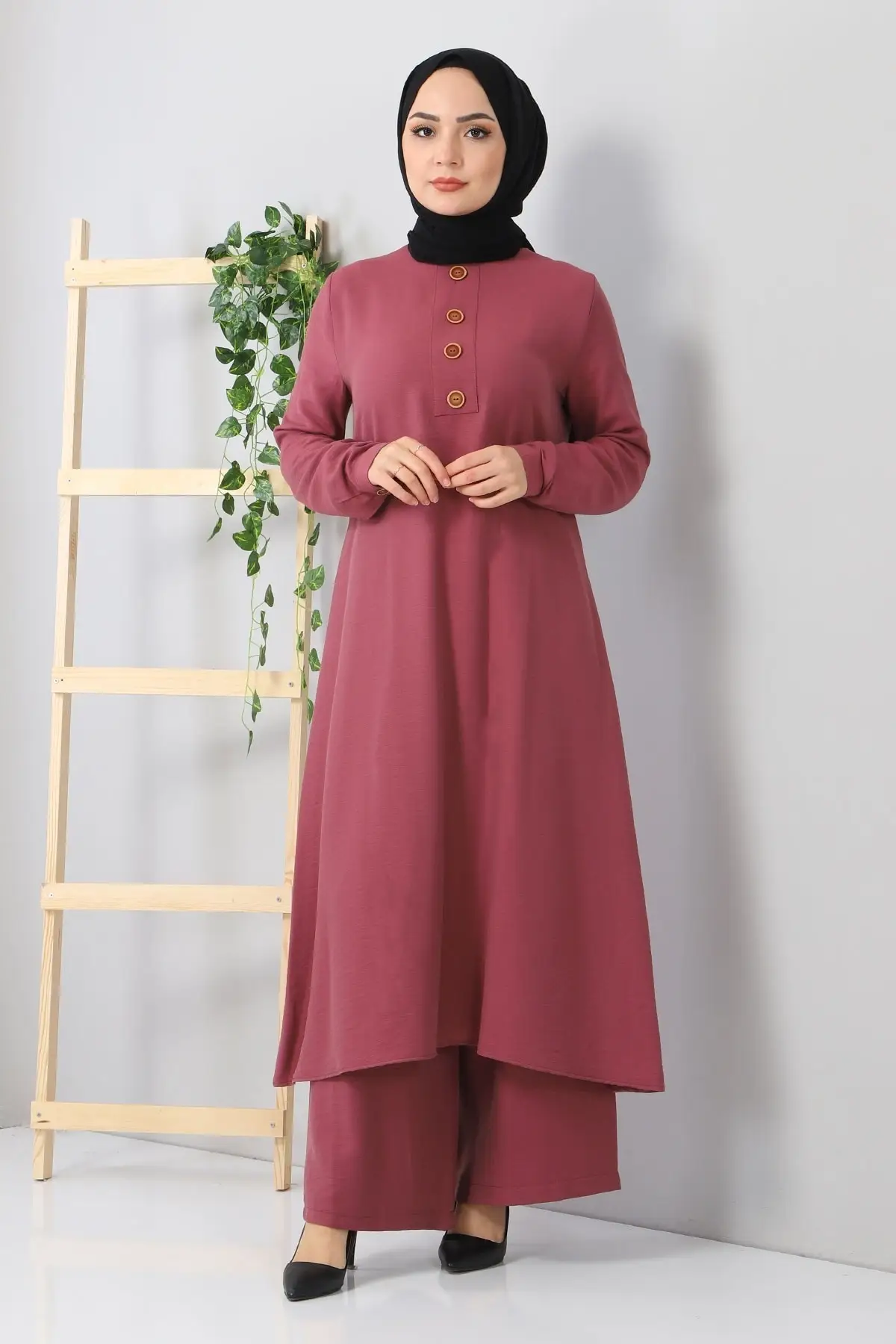 Button Hijab Kombin Color Rose Bottom-Top Suits Clothing