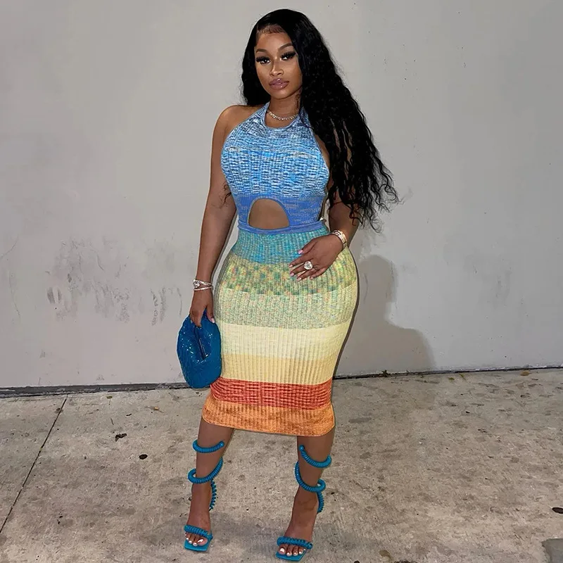 

Женское платье миди с лямкой на шее, разноцветное облегающее платье с запахом, открытой спиной и запахом, без рукавов, с эстетичным принтом