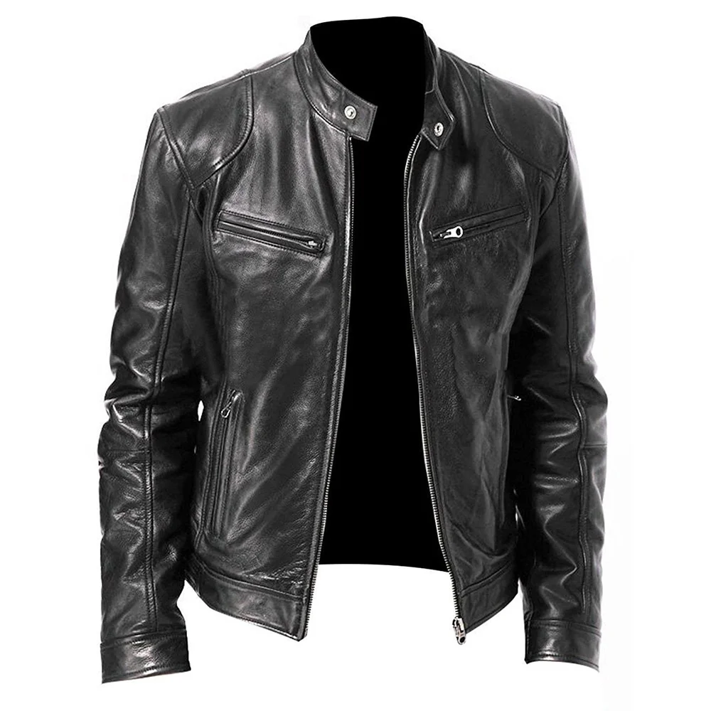 

PU Jacket Men Fashion Leather Jacket Slim Fit Stand Collar Male Anti-wind Motorcycle Lapel Diagonal Zipper Men Coat