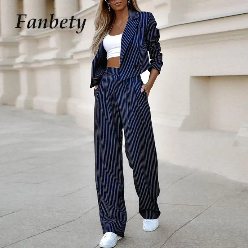 

New Office Jackets with Straight Pants Outfits Trend 2024 Long Sleeve Outfits Streetwear Women Striped Print Slim Two Piece Sets