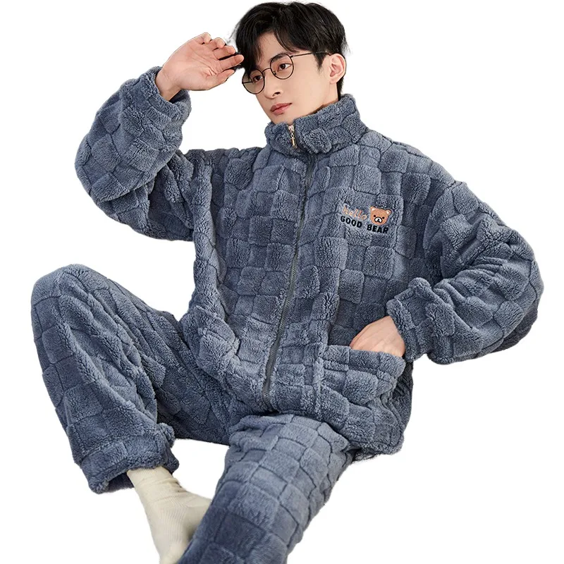 QUHENG Coral Fleece Pajamas Men Set Thicken Warm Autumn Winter Letter Zipper Home Clothes Suits Thick Warm Pijamas Sleepwear