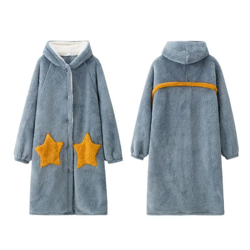 Winter Women Hooded Nightgown Cute Duck Modeling Thick Coral Fleece Sleepwear Robe Loose Flannel Gown Long Nightdress Home Wear
