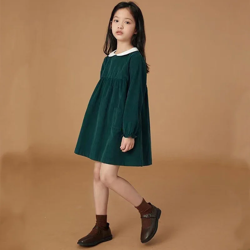 Spring 2024 New Corduroy Teen Girl Dress Cotton Kids Autumn Children Long Sleeve Dresses Princess Party Fashion Outfit Clothing