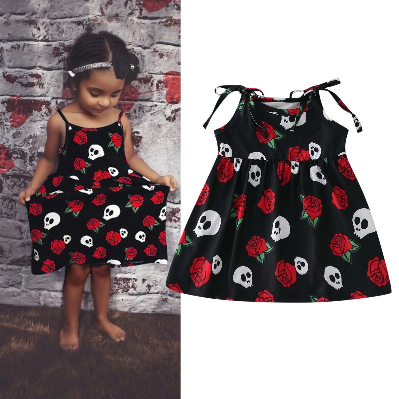 

Halloween Toddler Girls Dress Sleeveless Cartoon Skull Rose Print Princess Dress Party Gown Clothes Cosplay 2023 New Vestidos