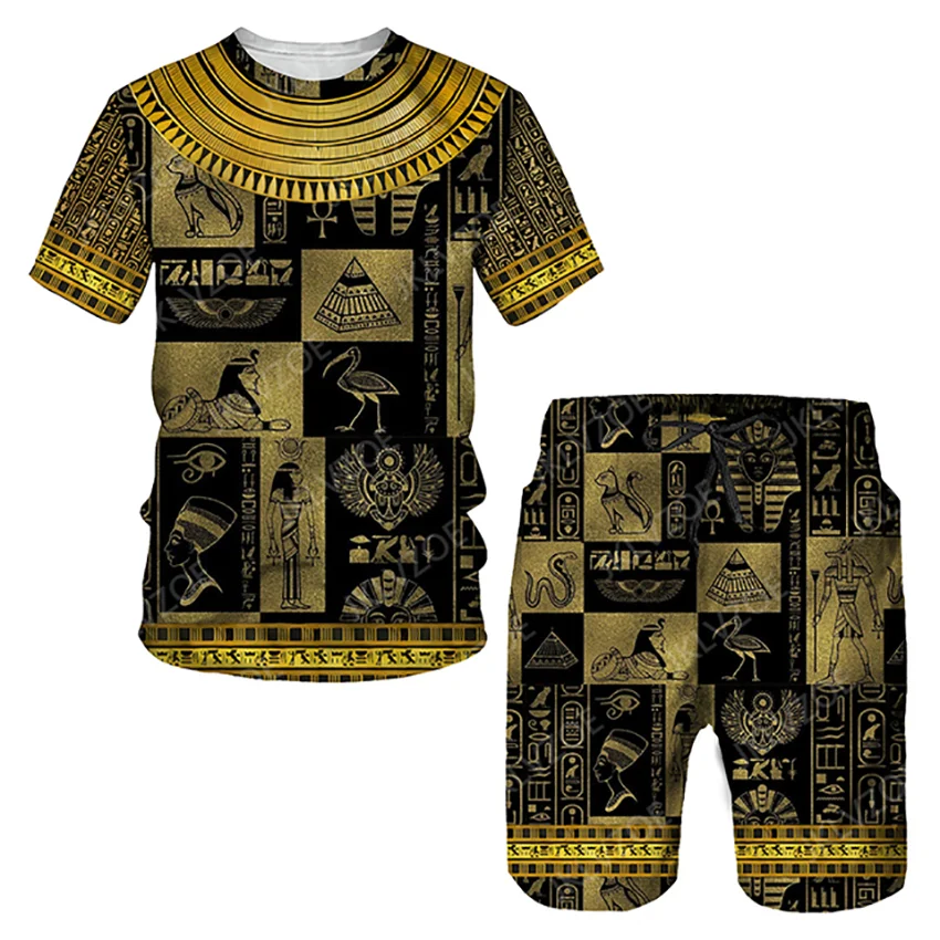 Summer Men's T-Shirt Shorts Set Egyptian Pharaoh Pattern Tracksuit Vintage Outfit Casual Suit Large Size Streetwear Clothing