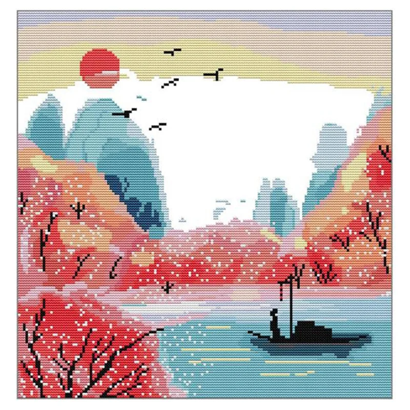 

Riverside Sunset Painting Pattern Cross Stitch Kits DIY Handmade Needlework 14CT Canvas Embroidery Set Home Decor