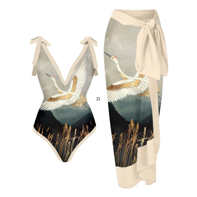 

Vintage V-Neck Print One-Piece Swimsuit Set Bow Tie Elegant Slim Backless Beachwear Push Ups Women Sexy Backless Slim Elegant