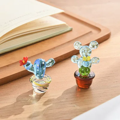 

Handmade Murano Glass Cactus Figurines Ornaments Desktop Craft Adornment Creative Colorful Cute Miniature Plant for Home Decor