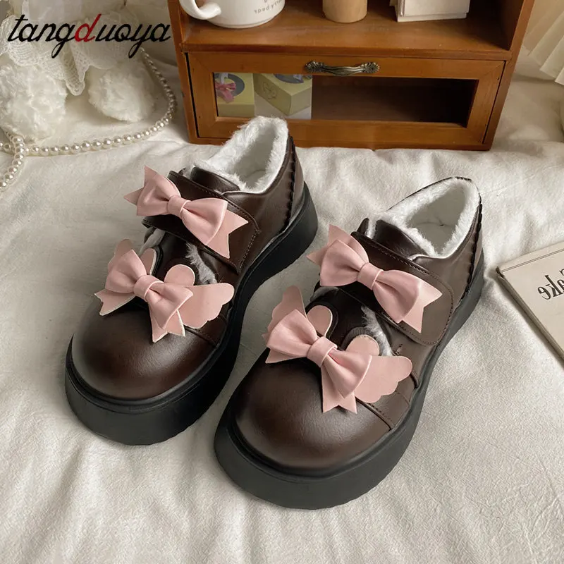 

Kawaii Pink Bowknot Mary Janes Femme 2023 Spring Fashion PU Girls Streetwear Lolita Shoes Japanese Style Students Shoes boots