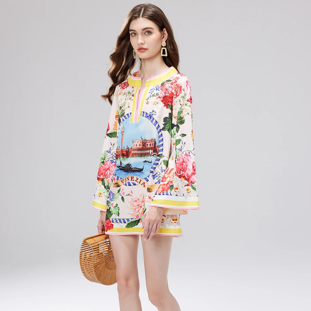 Женское модельное винтажное платье с цветочным принтом повседневное свободное