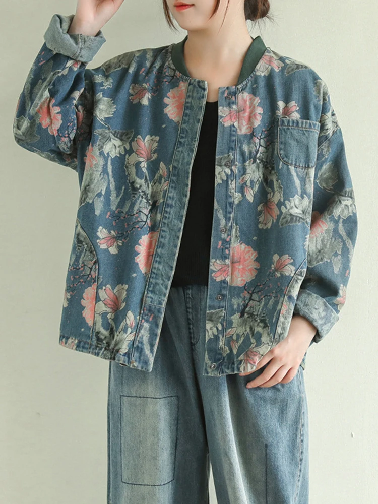 Женская джинсовая куртка с цветочным принтом свободного покроя |