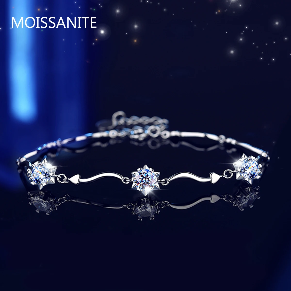 

3 Moissanite Stones Bracelet For Women Pure 925 Silver Snowflake Bangle Chain Adjustable Passed Diamond Test Certified Jewelry