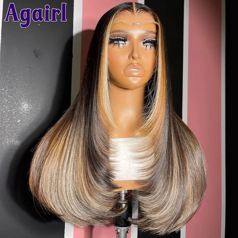 180% Blonde Brown with Black Highlight Bone Straight Human Hair Wigs 13x6 13x4 HD Lace Frontal Wig Wear Go Glueless 6X4 Lace Wig