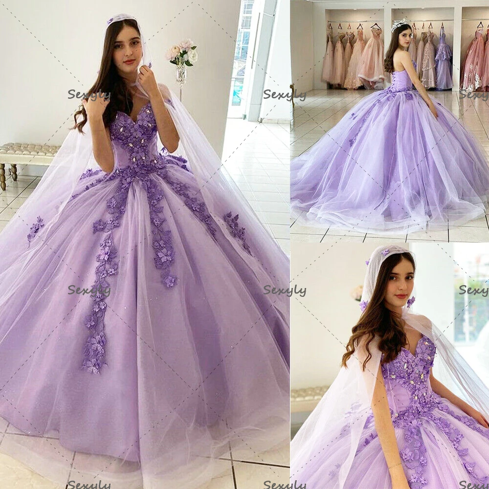 

Fairy Lilac Quinceanera Dresses Mexican With Caped Ball Gown Lace Flowers Prom Dress Vestidos De 15 Anos Masquerade xv Dress