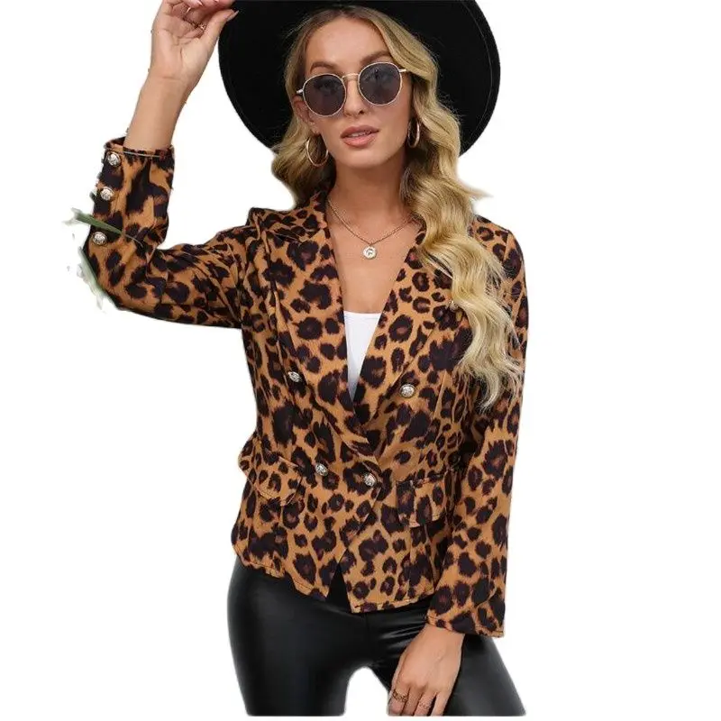 

Europe And America Women Short Style Clothes Printed Leopard Button Office Coat Striped Women Street Wear Drop Shipping