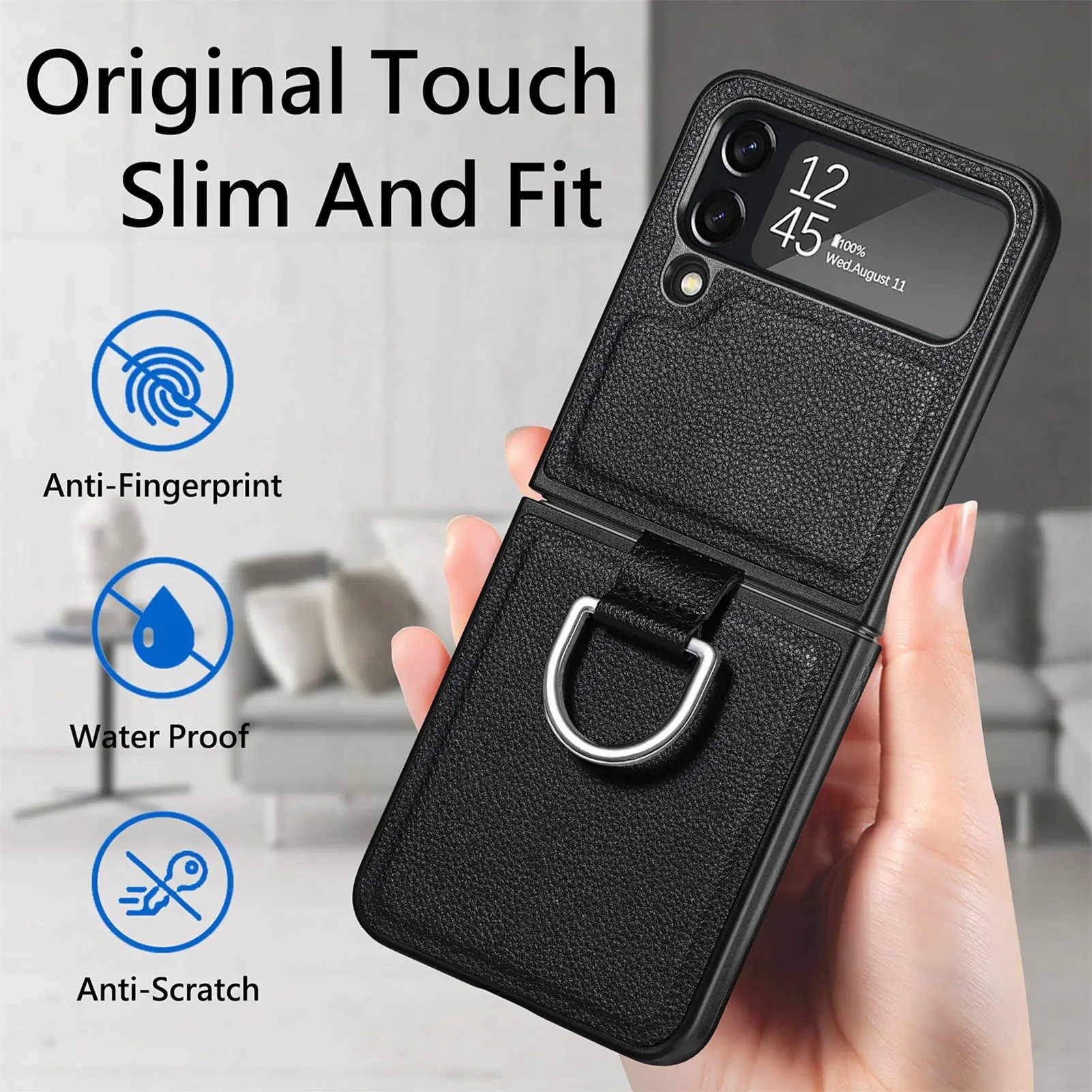 Кожаный чехол с рисунком личи для Samsung Galaxy Z Flip 4 3 Ультратонкий кольцом 1 2 - купить