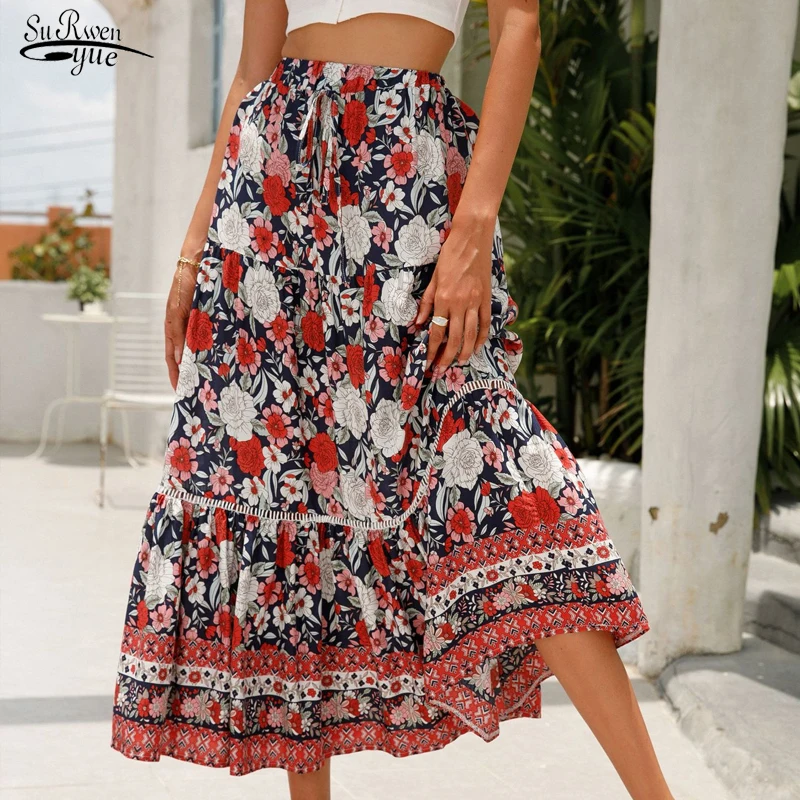 

2022 Summer Elastic Waist Hollow Lace Patchwork Skirt Casual Bohemian Holiday Skirt Sweet Floral Printed Loose Beach Skirt 22256