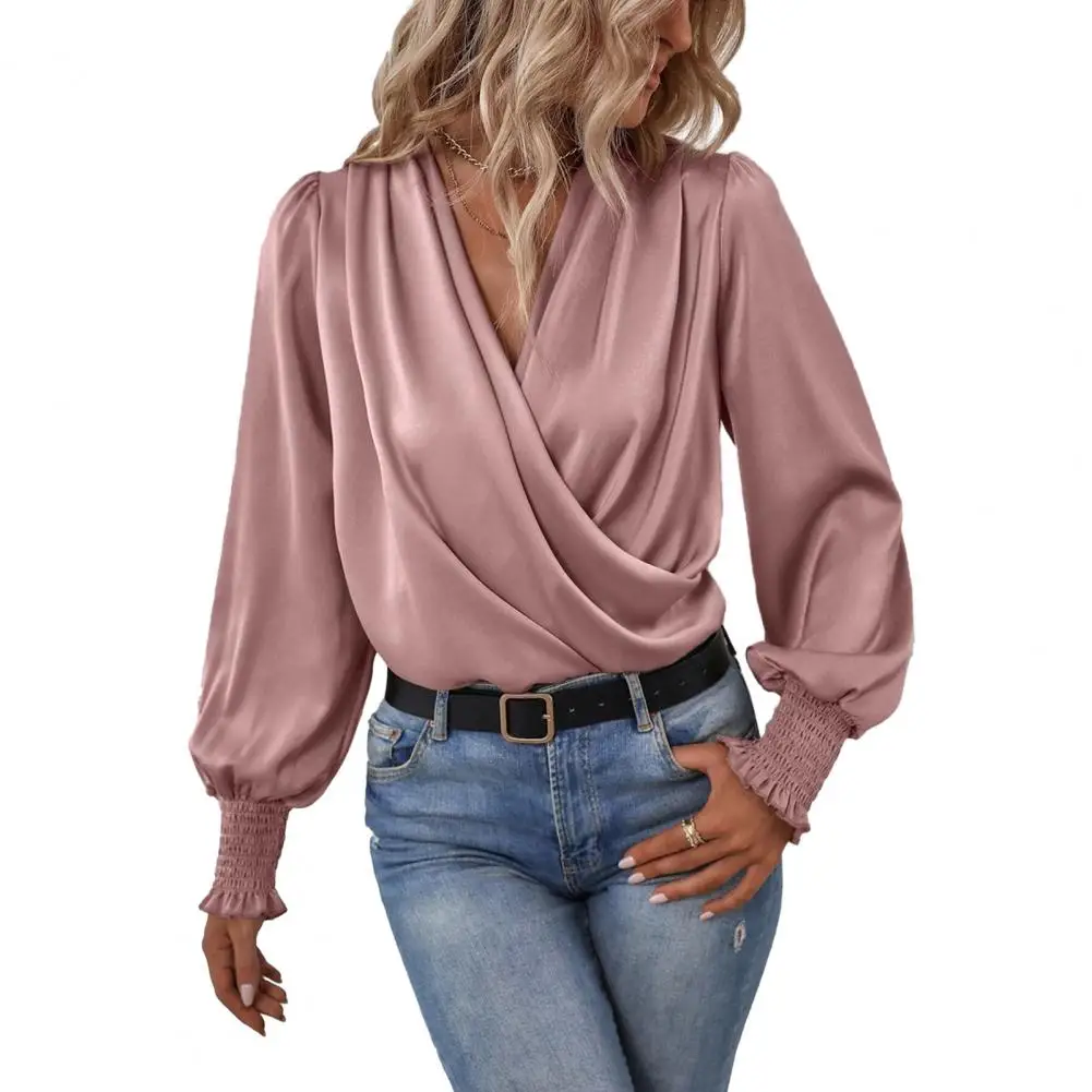 

Holiday Casual Chic Shirt Women's Blouse Elegant V-neck Lantern Sleeve Commuter Party Solid Color Top blusa mujer moda 2023