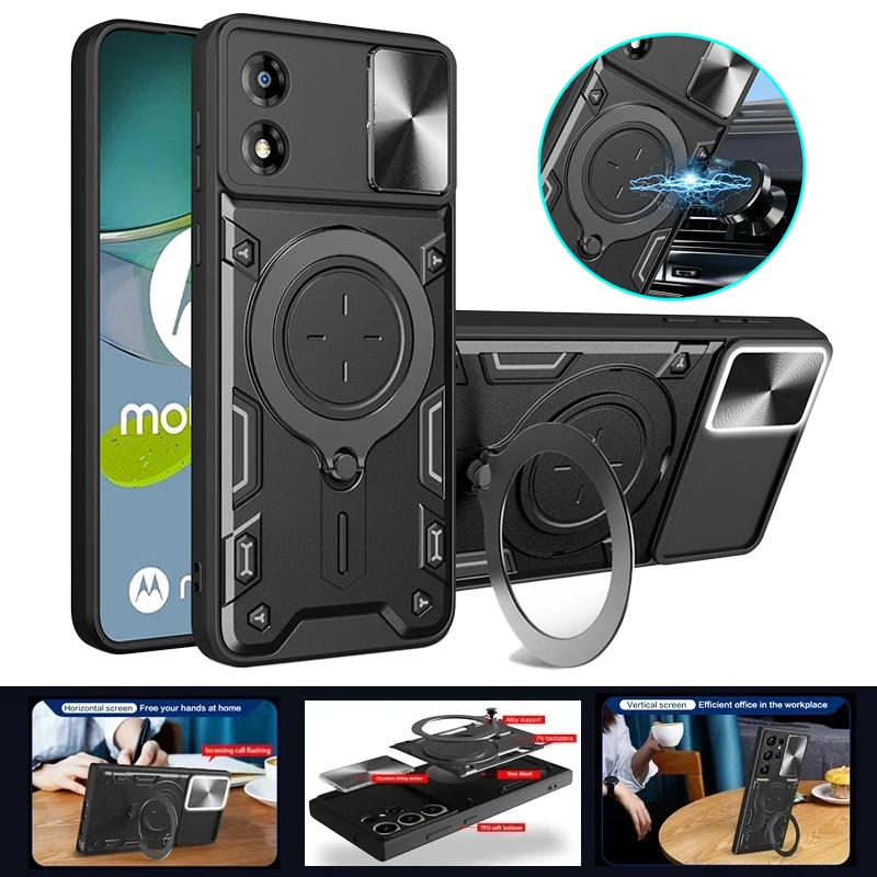 

For Moto E13 Case Car Magnetic Holder Ring Phone Cases for Motorola Moto E13 4G MotoE13 Slide Camera Lens Protective Back Cover
