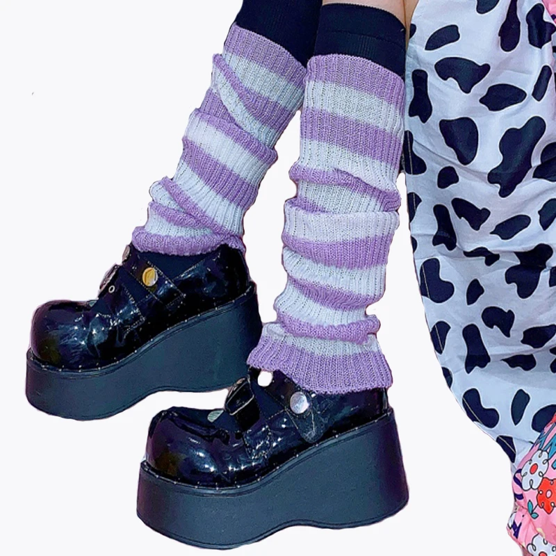 

Длинные вязаные носки Lolita в полоску, женские теплые носки выше колена, вязаные крючком, белые женские осенне-зимние свободные носки