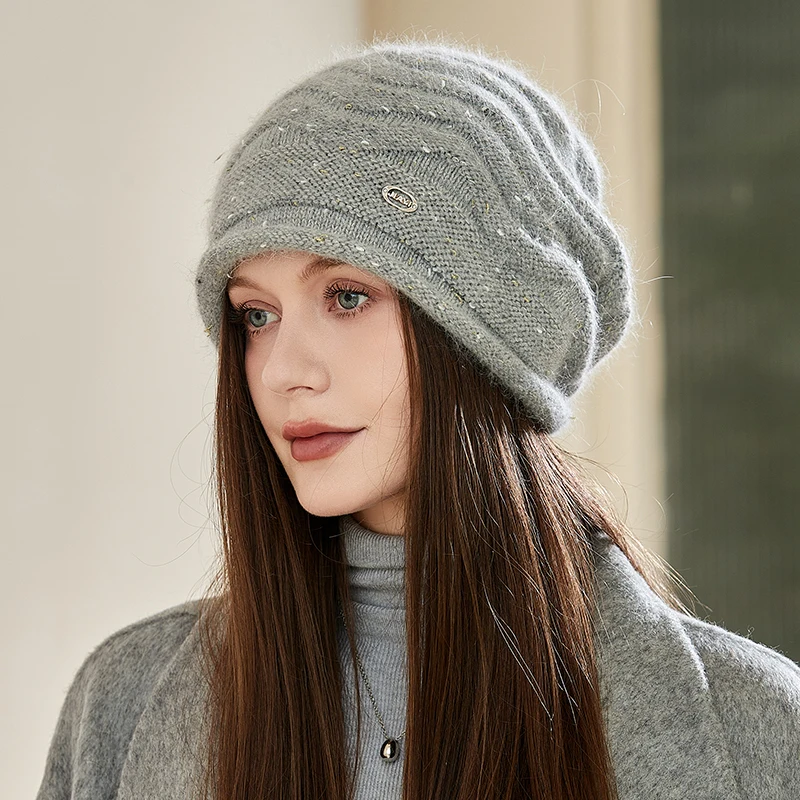 

Новинка 2023, зимняя шапка, модная декоративная Шапка-бини, плотная теплая шапка из смеси кроличьего меха для женщин, уличная одежда, защита ушей, вязаная шапка