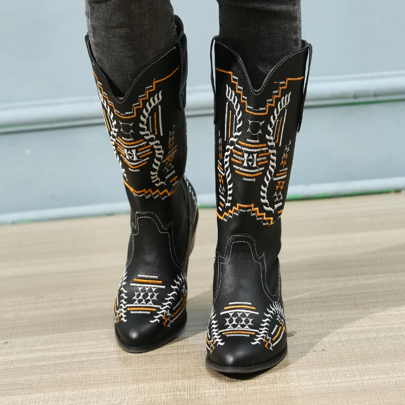 

Женские ковбойские ботинки из ПУ кожи, коричневые удобные ботинки в винтажном стиле, ковбойские ботинки в стиле ретро, весна-осень 2023