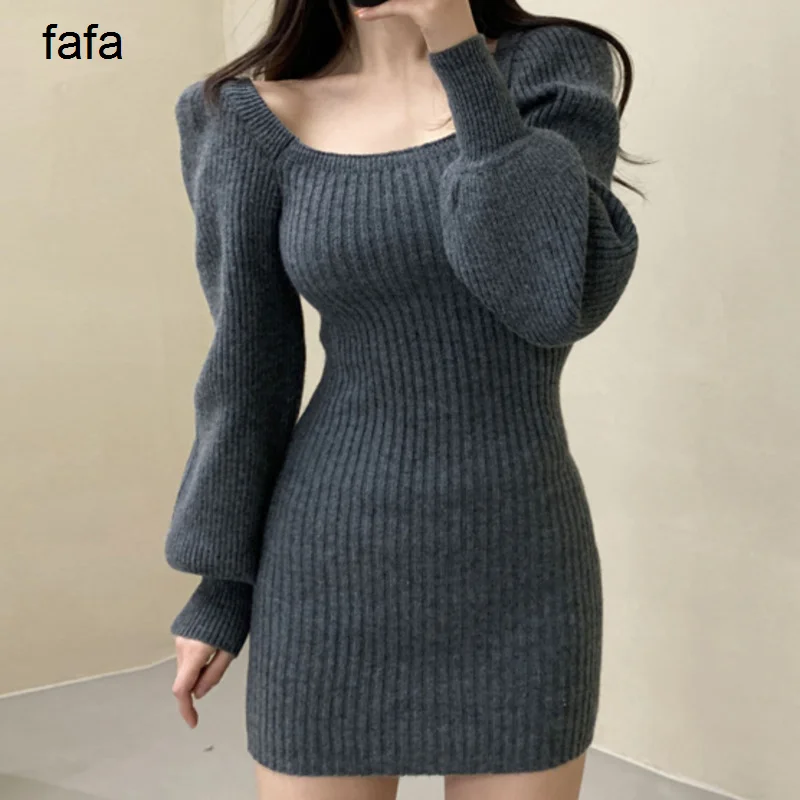 

Женское платье-свитер, корейское шикарное трикотажное платье с рукавом и воротником, Женская юбка-свитер с высокой талией