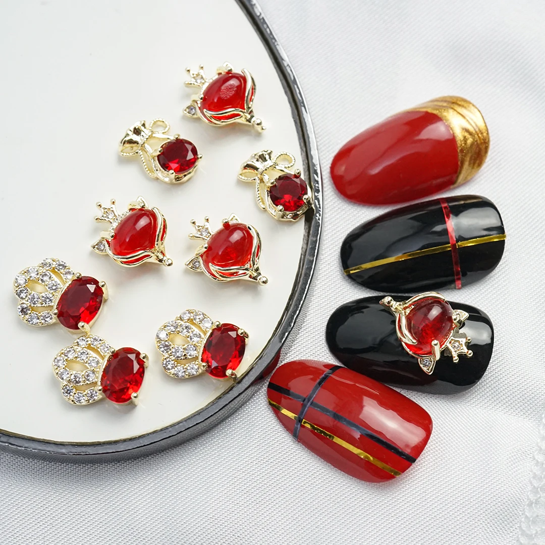 

Nail Jewelry Crystals Gems 3D Metal Charms Alloy Zircon Red Crystal Rhinestones Gold Nails Parts DIY Accessories Decor Manicure