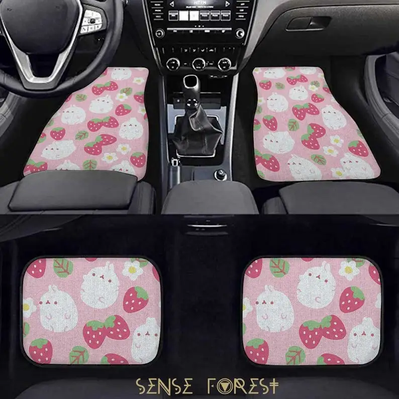 

Pink pastel cottage Kawaii Japanese anime bunny strawberry car floor mats, cute chubby rabbit car interior decor, car accessorie