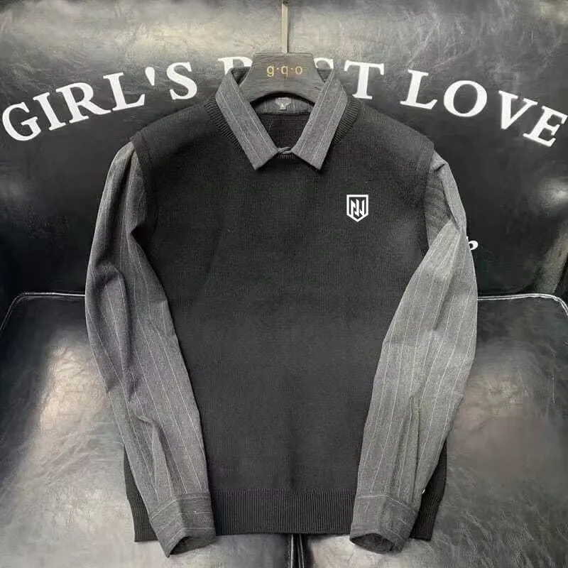 Malbon Golf Shirts Men's Golf Clothing Autumn Winter False 2 Pieces Sweater Golf Vest Golf Clothes Men's Golf Knitted Sweater