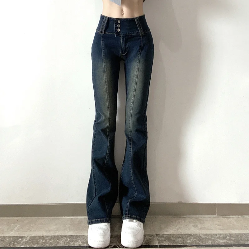 

Узкие Облегающие расклешенные джинсы, женские уличные штаны в Корейском стиле с низкой посадкой, джинсовые брюки Y2K, винтажные повседневные штаны в стиле 90-х гранж