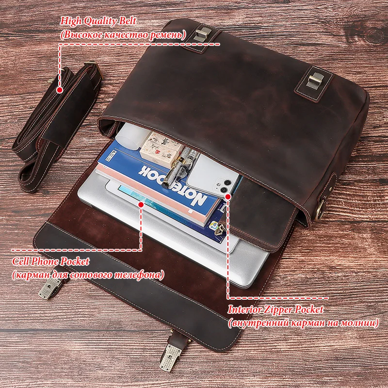 HUMERPAUL Business Briefcase Handbag for Laptop Crazy Horse Leather Messenger Office Bag Large Capacity Male Travel Shoulder Bag