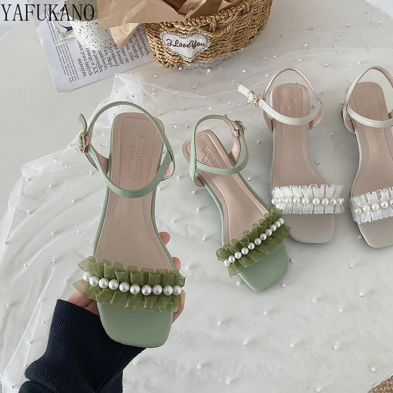 

Elegant String Bead Ruffles Womens Sandals Sweet Pearl Student High Heels Fashion Chunky Heel Rome Shoes Open Toe Mid Heel Pumps