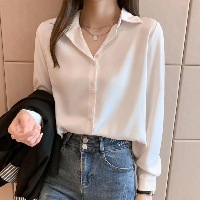 Women's Silk Shirts V-neck Solid Ladies' Tops Women 2021 Fashion Satin Long Sleeve Blouses Button Up White OL Vintage 17278 - купить