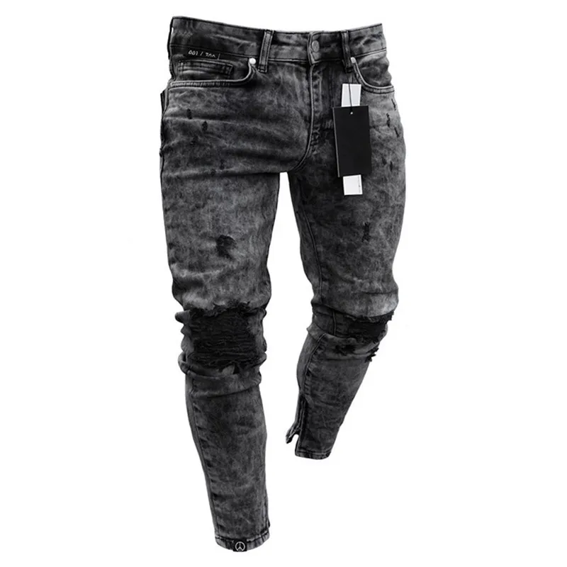 2020 Men's Hot High -Elastic Skinny Jeans Black Ripped Biker   Foot Mouths Zipper Jogging Casual Pencil Long Pants