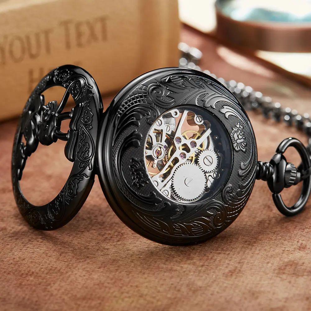 Black Steampunk Skeleton Cartoon Cute Mouse Mehanical Pocket Watch FOB Chain Hand Wind Mechanical Mens Womens Watches with Chain