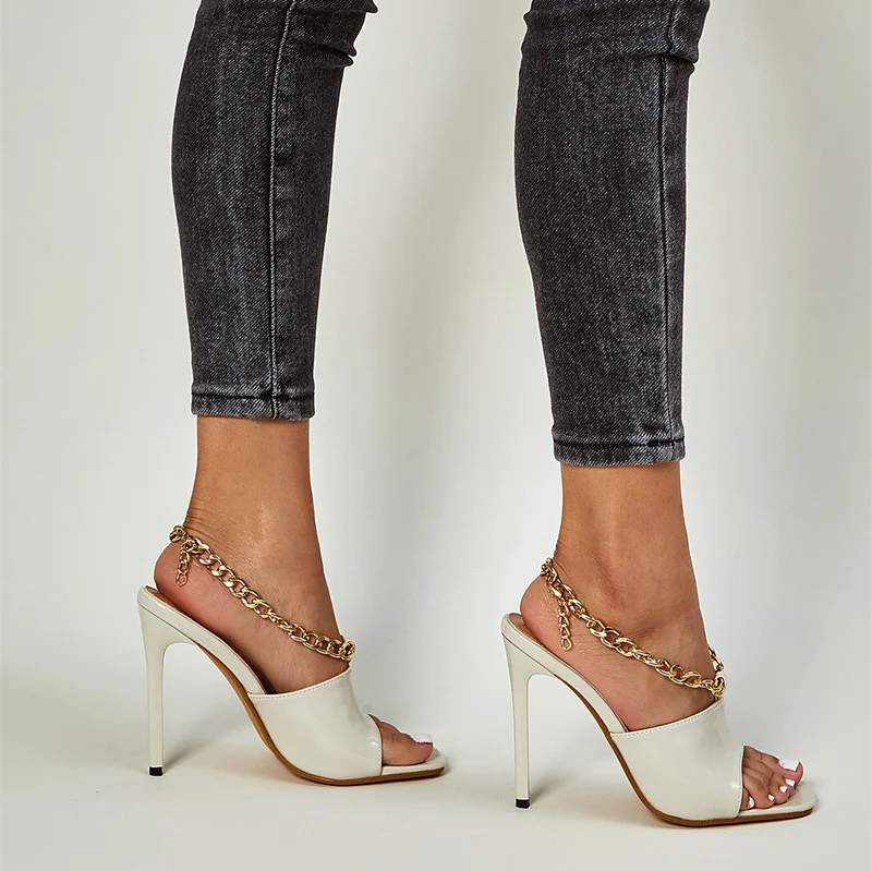 

style Star 11cm Ultra High heels Women Slippers Fashion Luxury Metal chains Thin heeled Ladies Mules Slides Summer Sandals Shoes