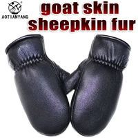 genuine leather mens womens deerskin texture goat leather mittens sheepskin wool winter warm thickened sheepskin fur gloves